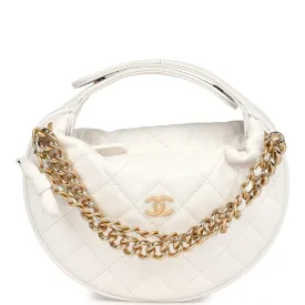 Chanel Mini Round Hobo Pouch Bag White Caviar Antique Gold Hardware