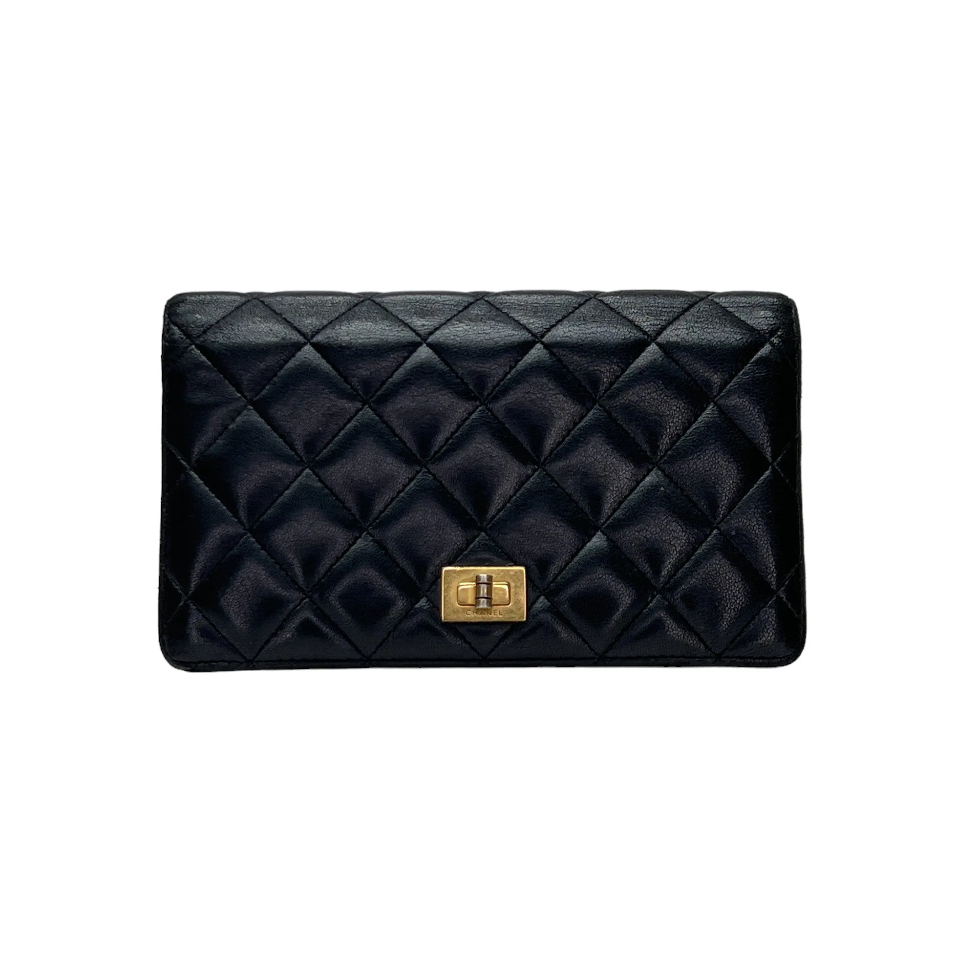 2.55 Long Flap Black Wallet in Calfskin, Gold hardware