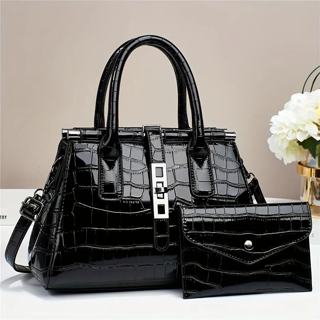 2Pcs Stylish Gradient Color Crocodile Pattern Tote Bag Set with Adjustable Strap - Multi-Pocket Organizer, Polyester Lining, and Detachable Clutch - Perfect Commuter Handbag with Zipper Closure