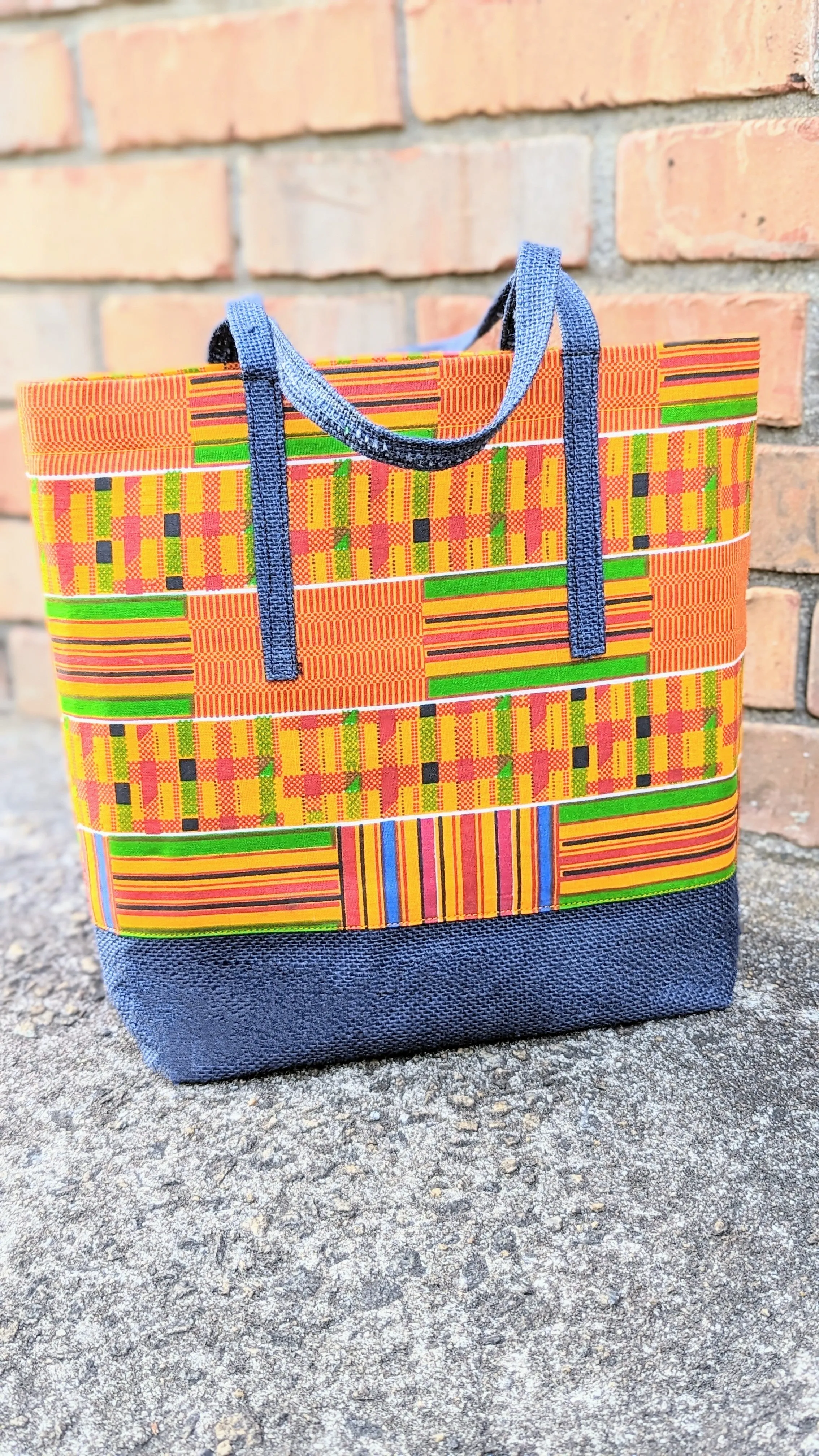 Anahg African Kente Print Tote Bag with a Jean-like base and handle trim-DPPBTJL1