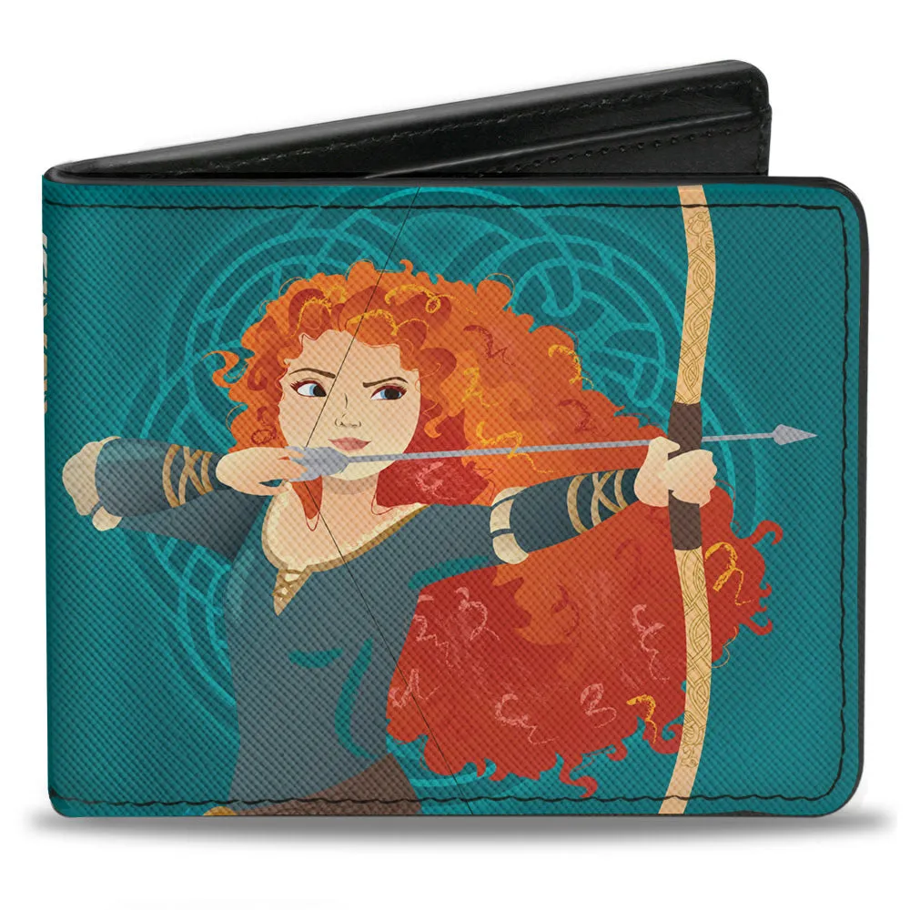 Bi-Fold Wallet - Princess Merida Archer Pose   BRAVE-STRONG-BEAUTIFUL Celtic Knots Aquas Golds