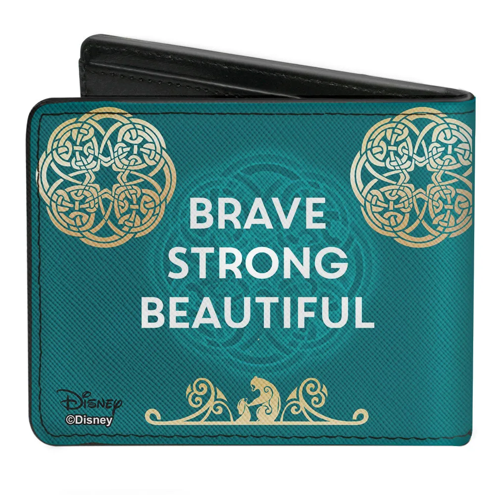 Bi-Fold Wallet - Princess Merida Archer Pose   BRAVE-STRONG-BEAUTIFUL Celtic Knots Aquas Golds