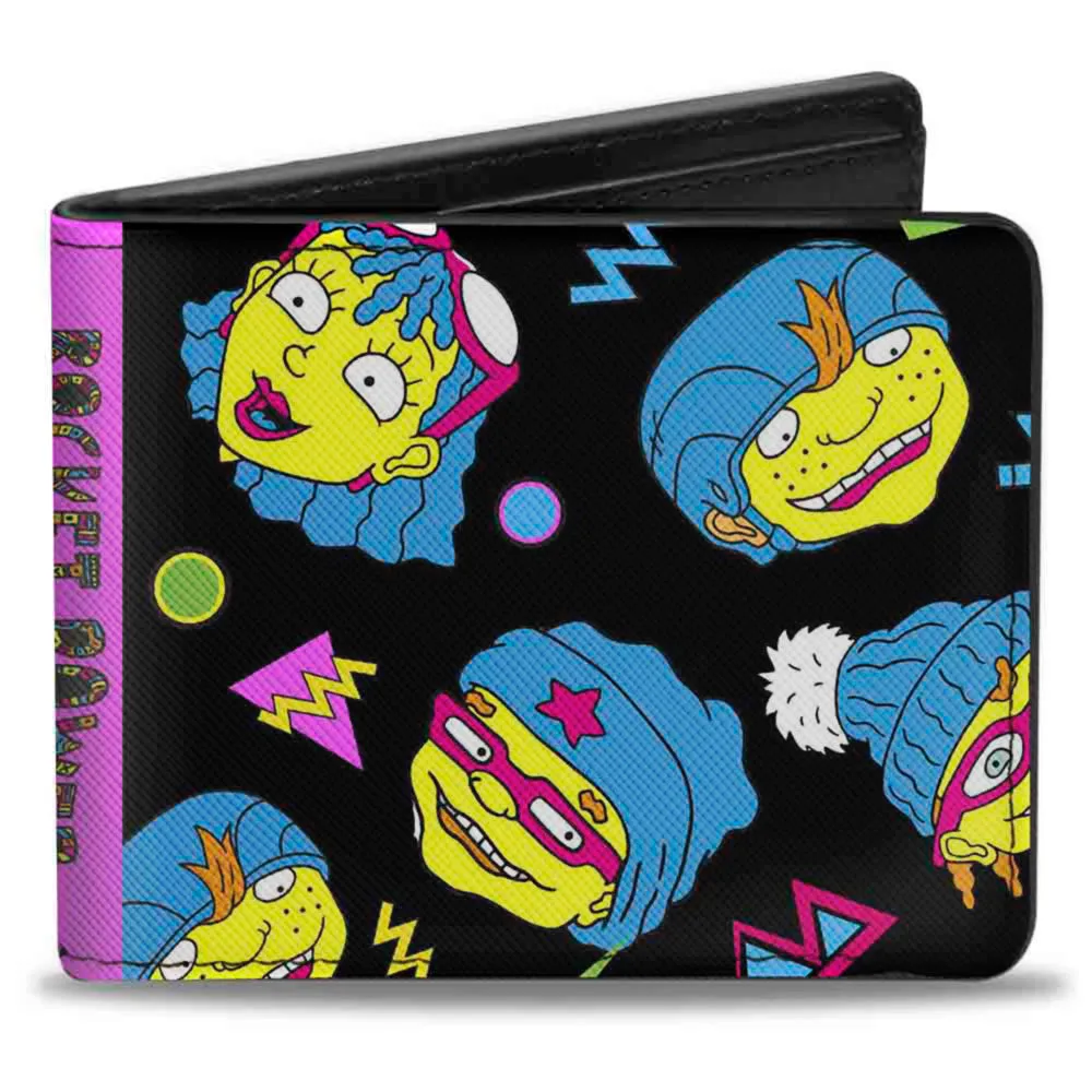 Bi-Fold Wallet - ROCKET POWER 4-Character Faces Scattered Black Multi Neon