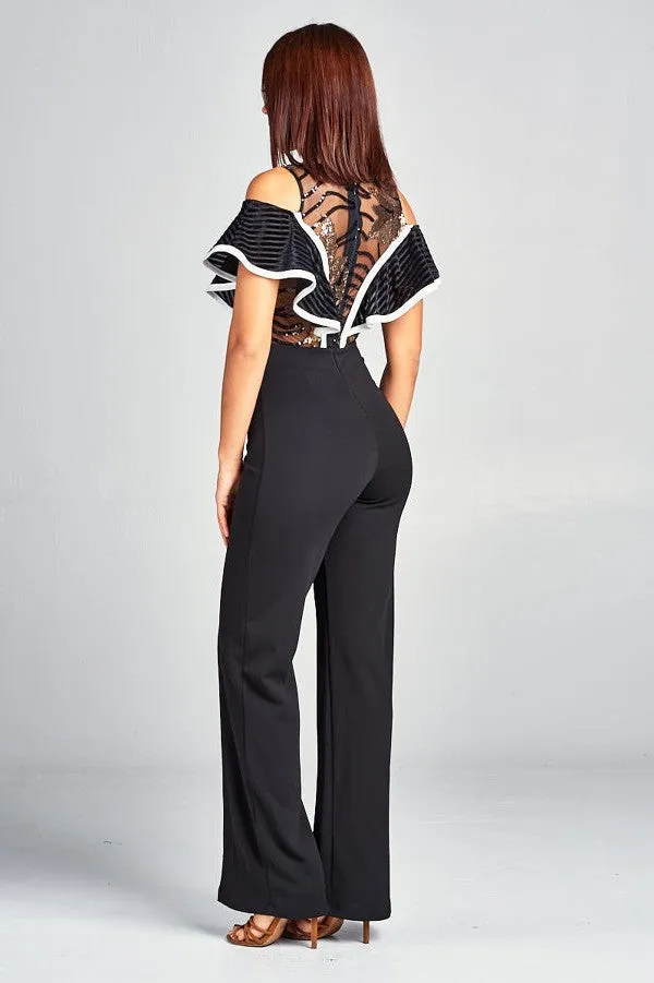 Black Cold Shoulder Jumpsuit With Lace And Gold Trim Detail