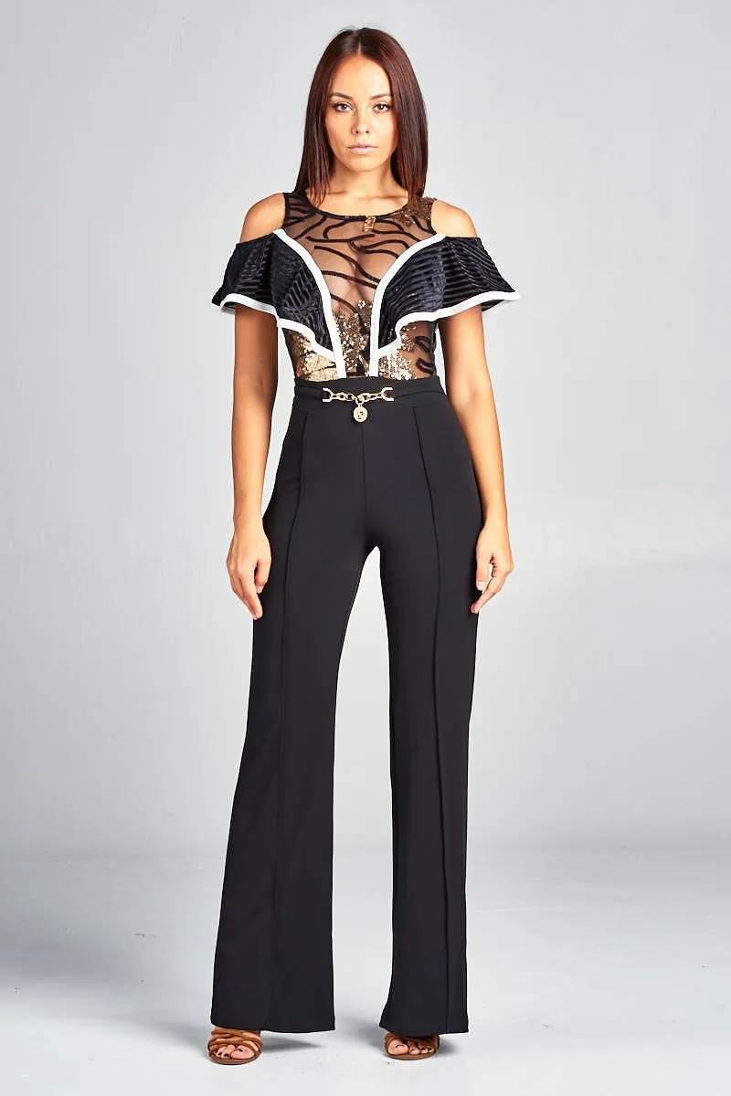 Black Cold Shoulder Jumpsuit With Lace And Gold Trim Detail