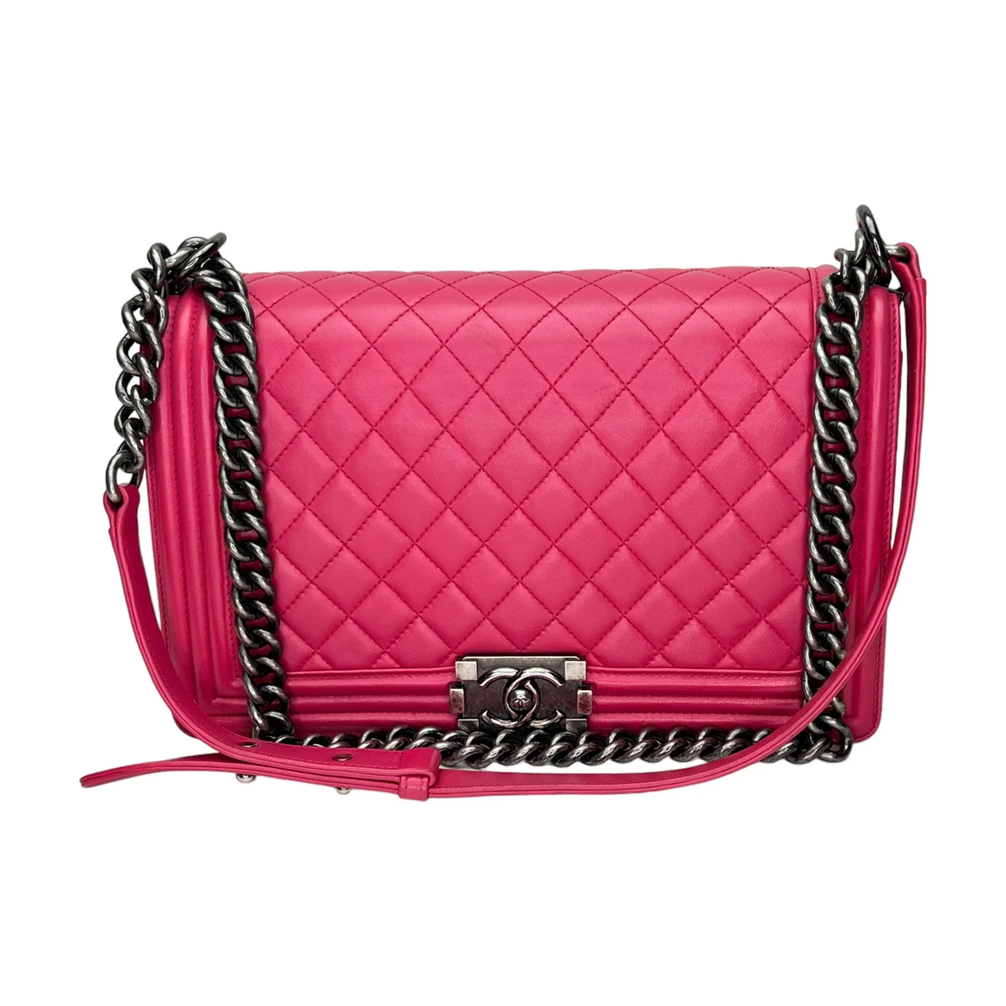 Boy Large Pink Shoulder Bag in Calfskin, Ruthenium hardware