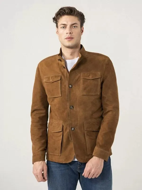 Brown Suede Jacket for Men with Four Flap Pockets