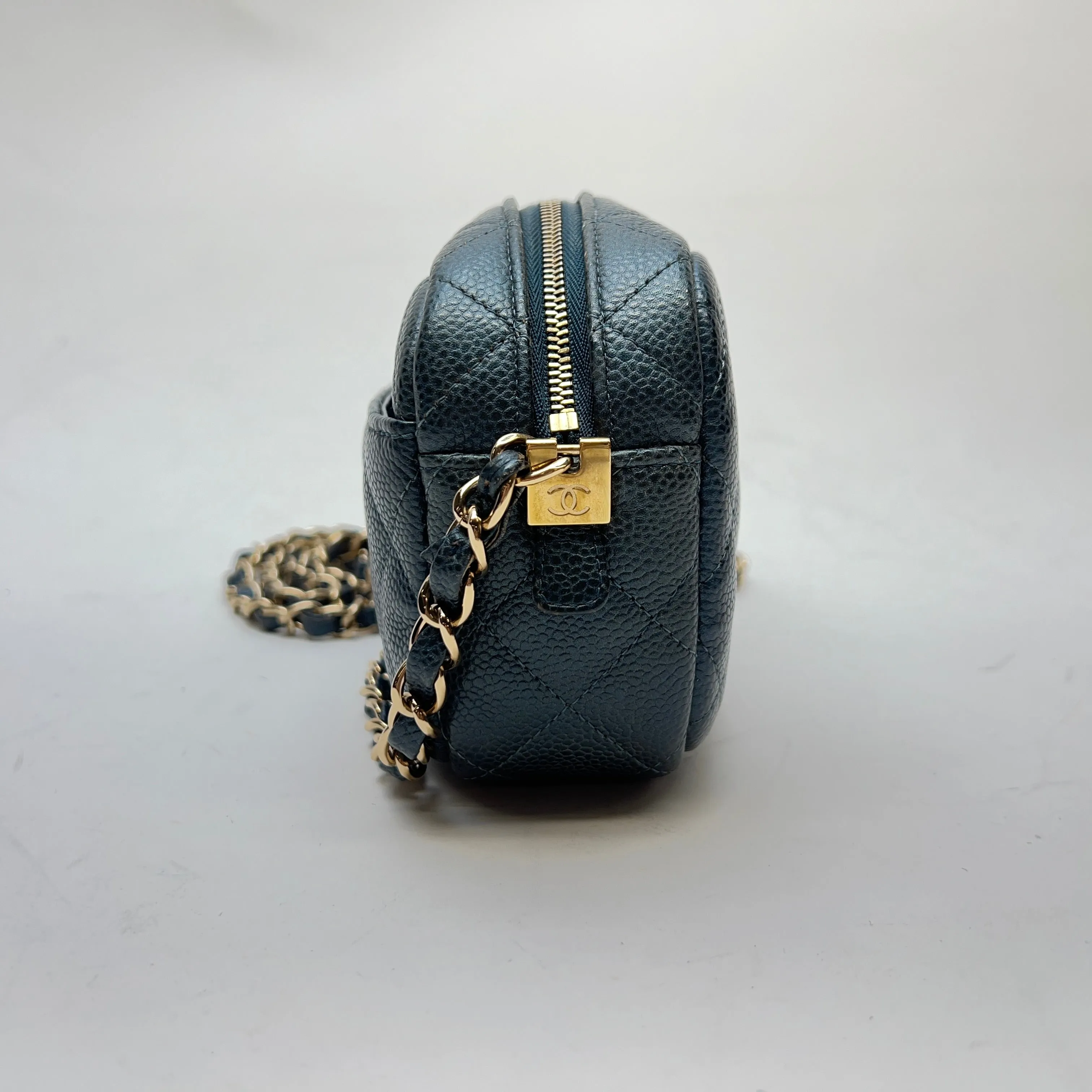 Camera Blue Crossbody Bag in Caviar Leather, Gold hardware