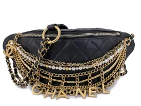 Chanel 19A Black All About Chains Pearl Fanny Pack Bag GHW