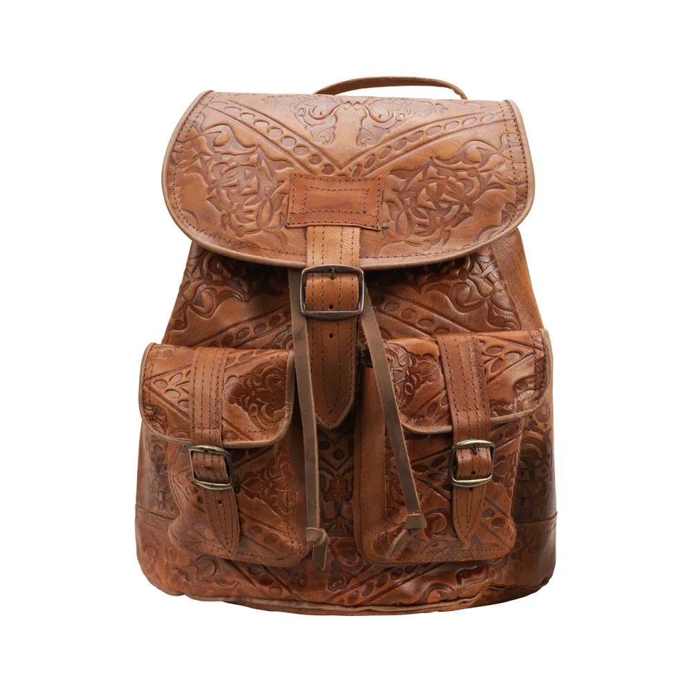 Embossed Brown Leather Backpack | Brown