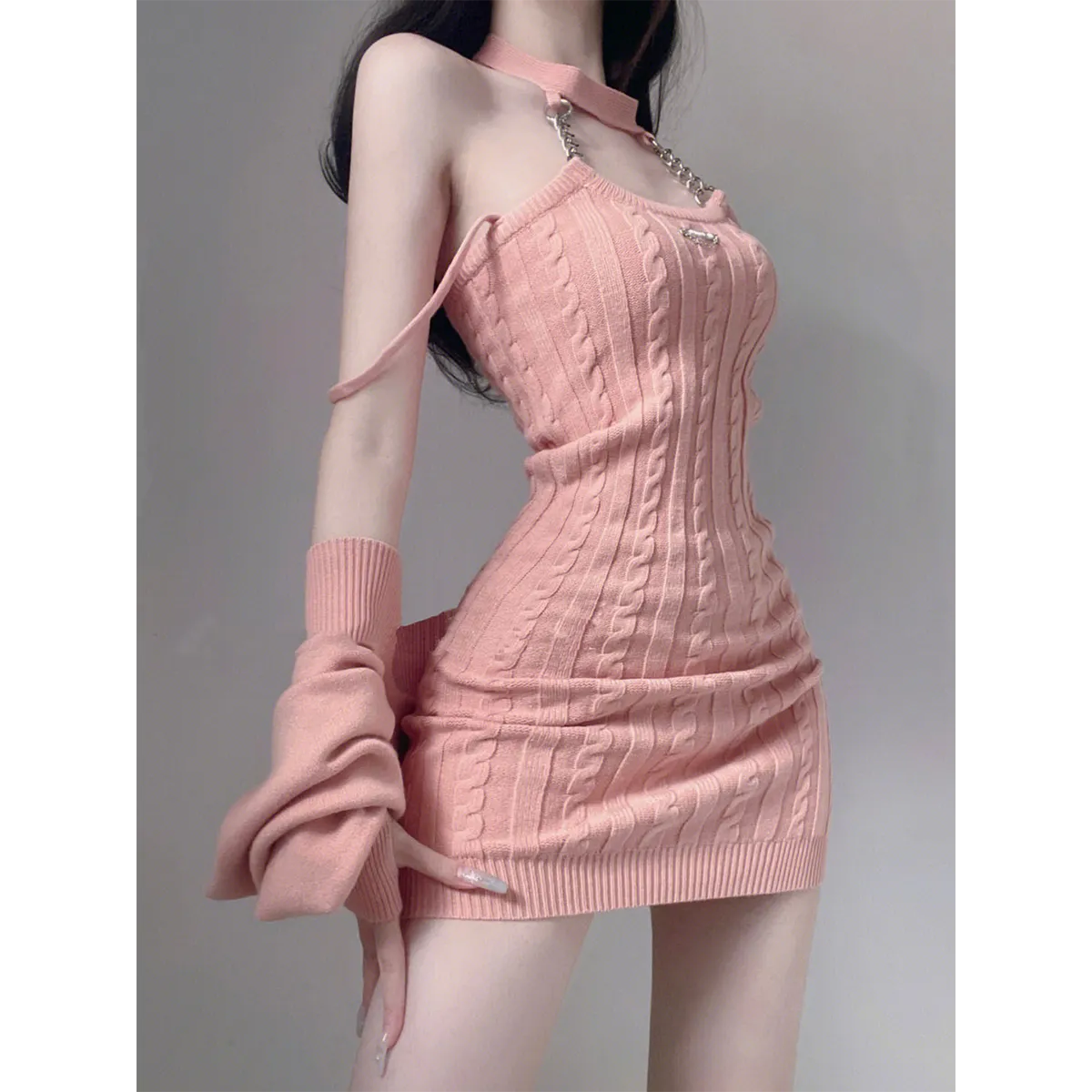 French Sexy Babes Pure Desire Hanging Neck Sling Knitted Dress Autumn Small Sweater Bag Hip Skirt