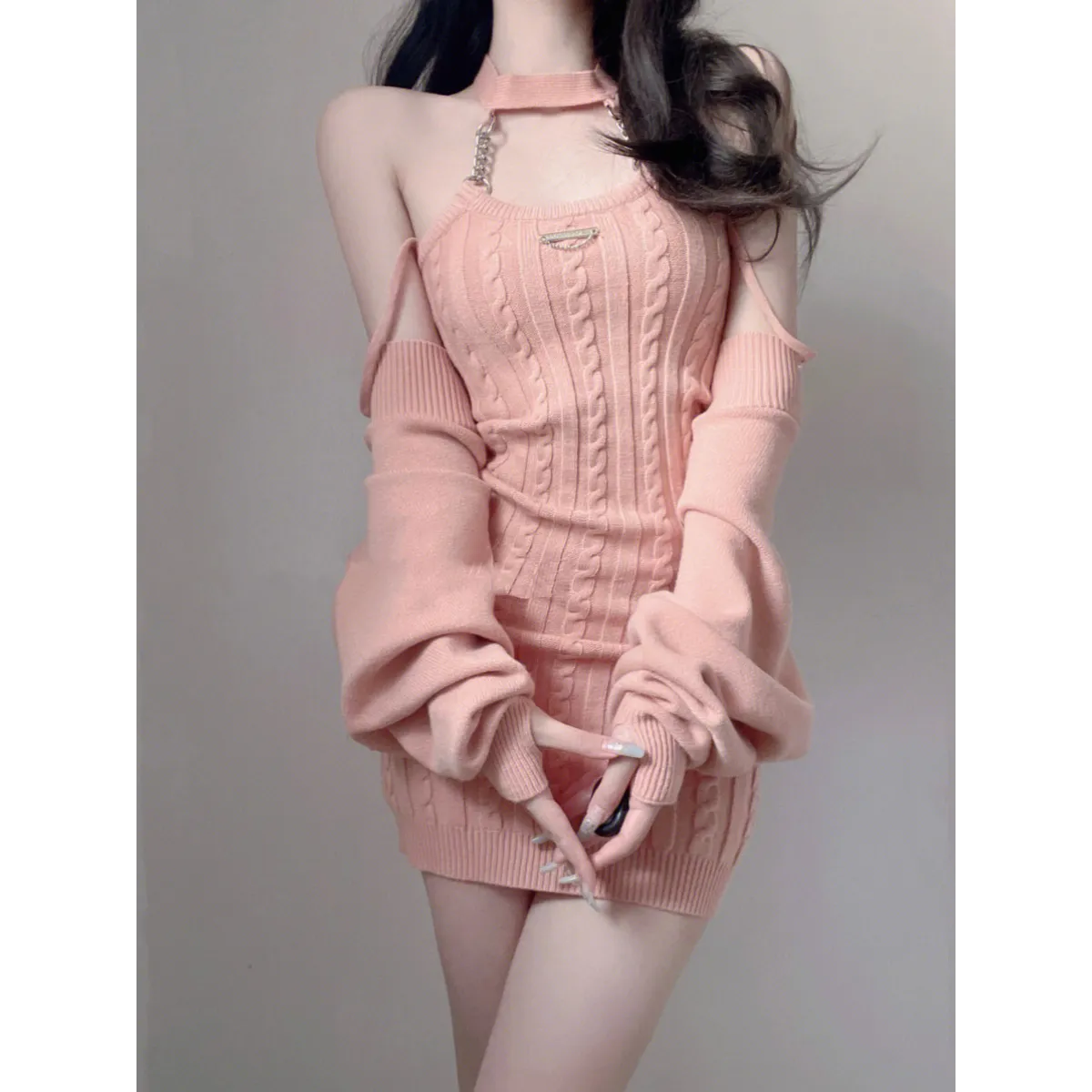 French Sexy Babes Pure Desire Hanging Neck Sling Knitted Dress Autumn Small Sweater Bag Hip Skirt