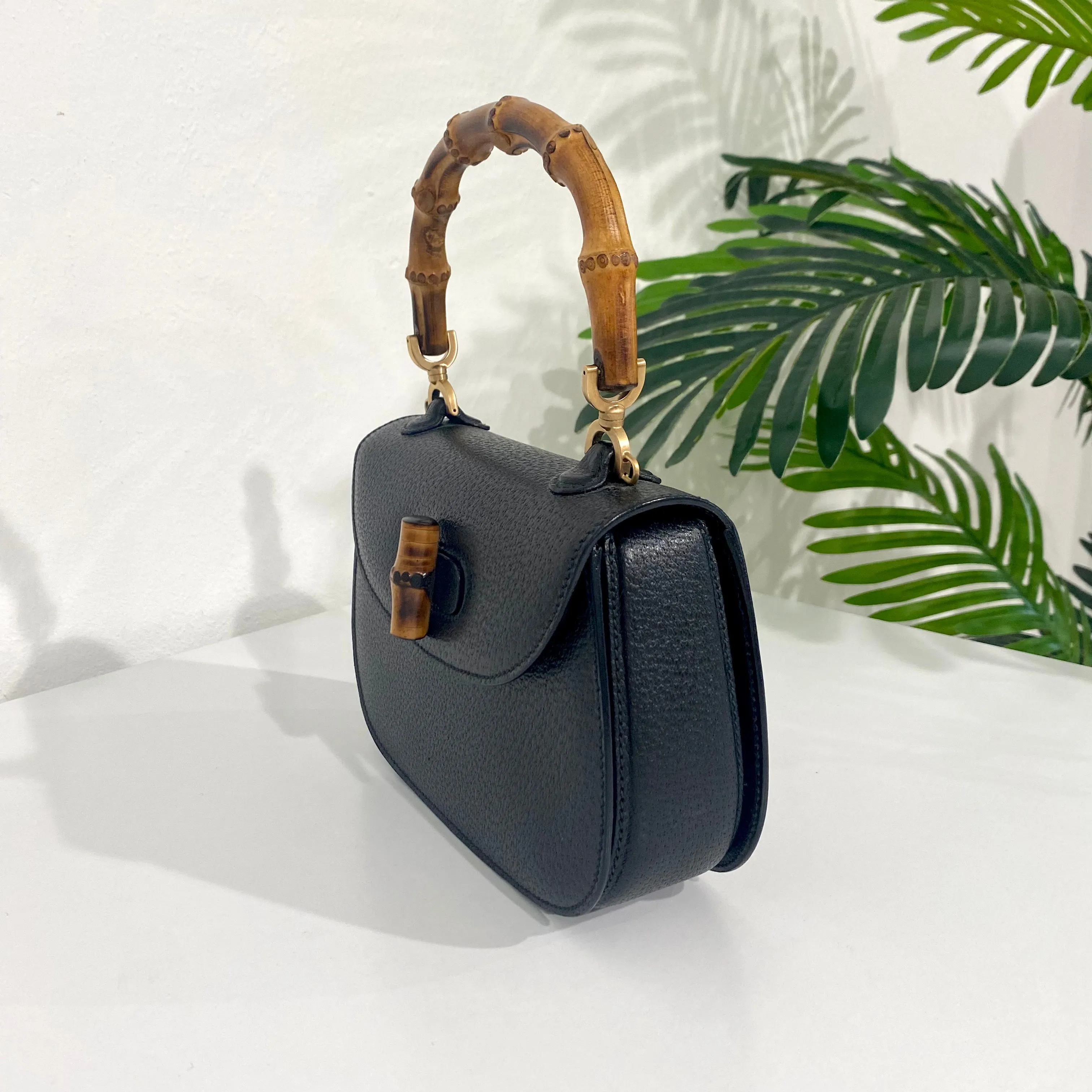 Gucci Vintage Black Bamboo Handle Bag