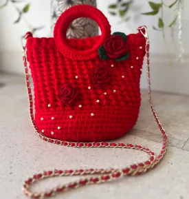 Knitted Fashionable Handbag, Bright Red