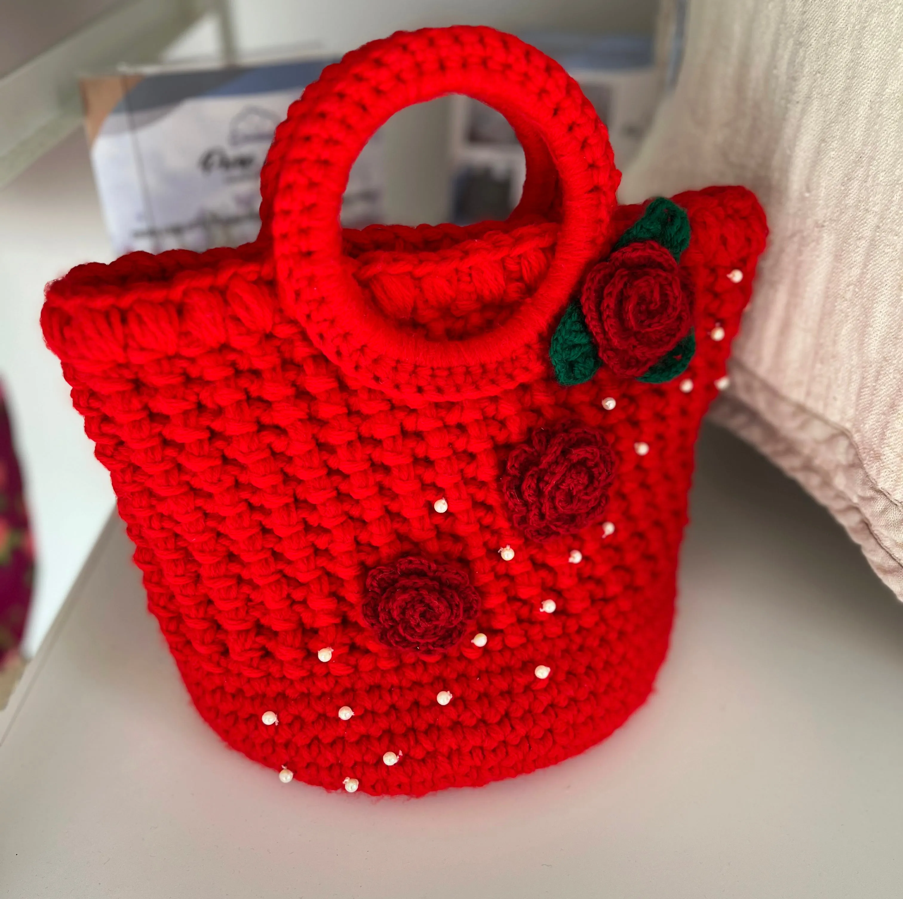 Knitted Fashionable Handbag, Bright Red