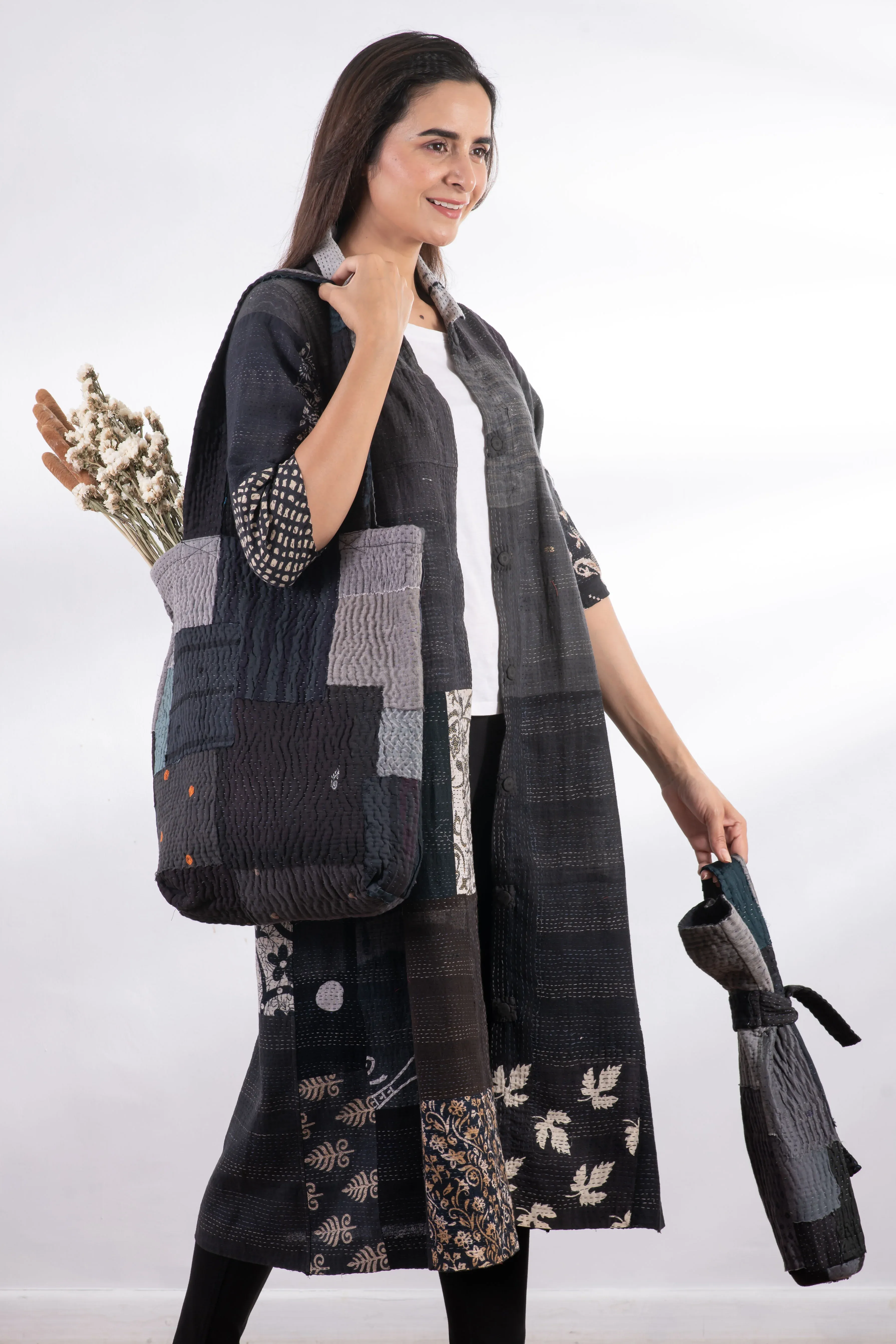 Landscape Handmade Vintage Kantha Tote Bag -Black -