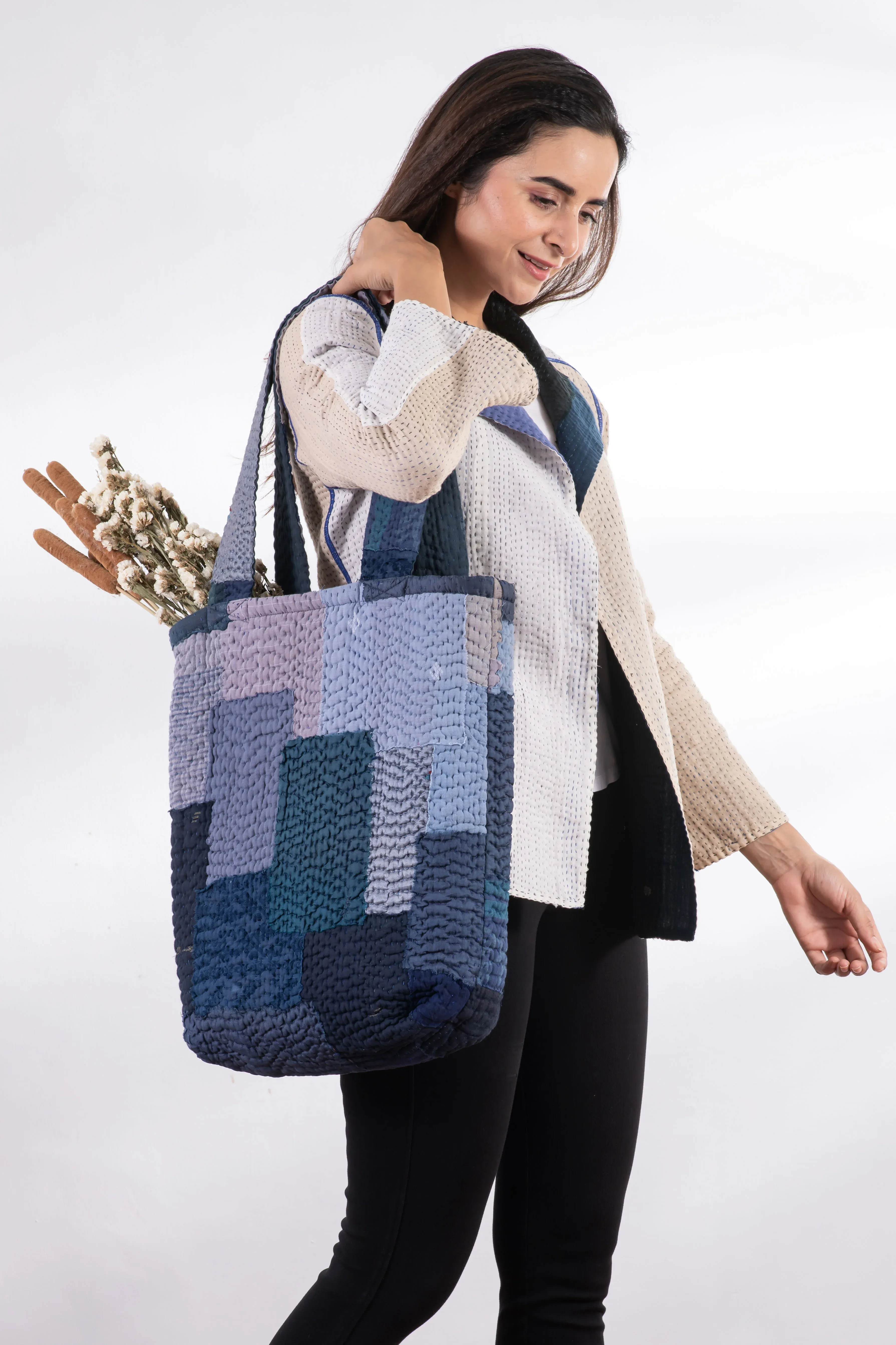 Landscape Handmade Vintage Kantha Tote Bag -Navy -