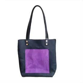 Purple & Black Leather Tote Bag with Pockets