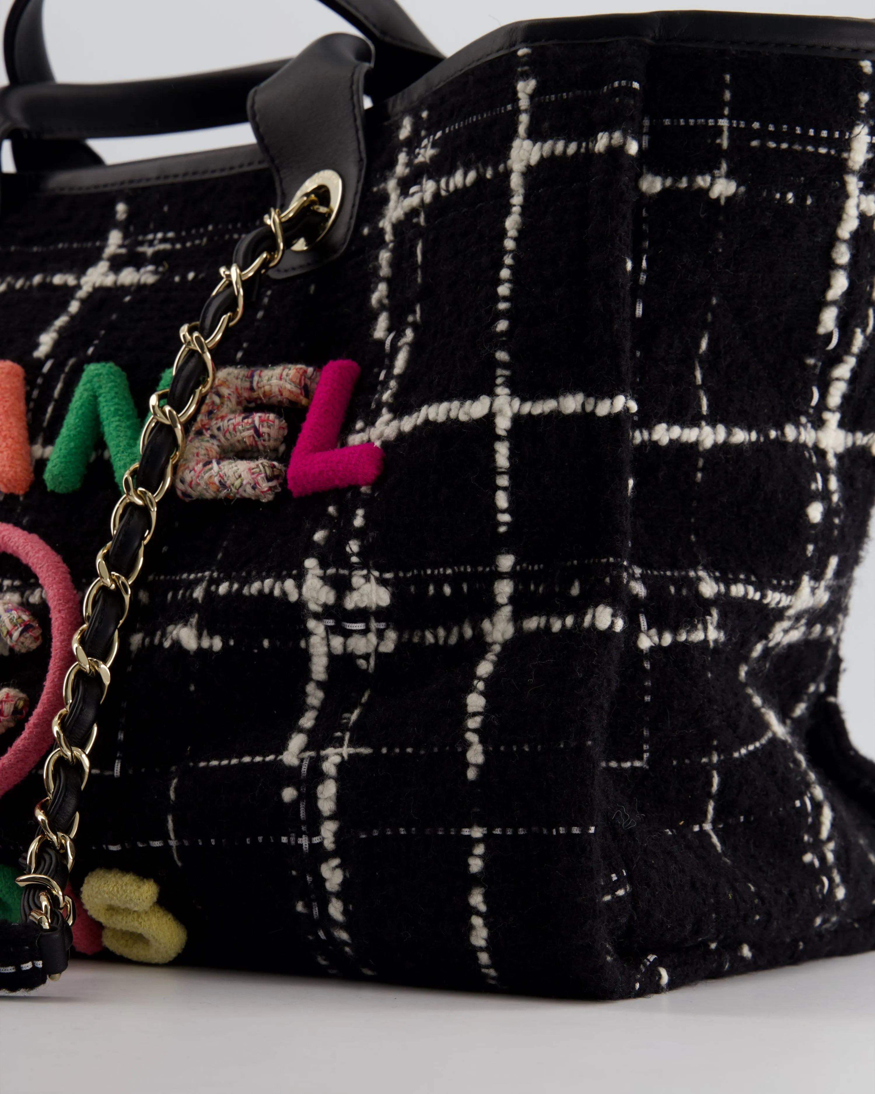 *RUNWAY PIECE* Chanel Fall / Winter 2022 Medium Black and White Wool Deauville Tote Bag with Multicolour Logo and Champagne Gold Hardware